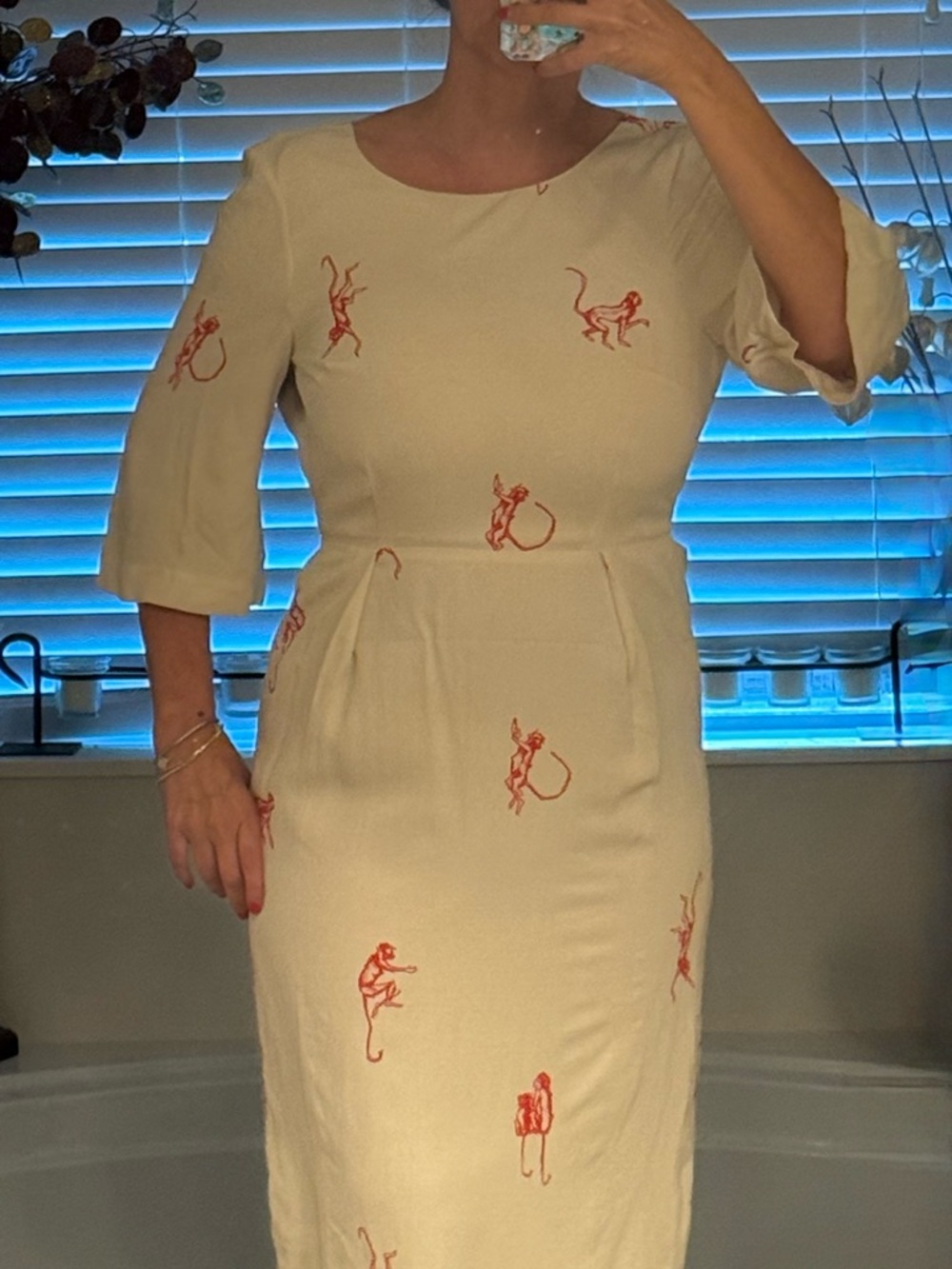 Stina Goya Ivory Dress Red Monkey Print Midi Short Sleeve Designer Size S/M
